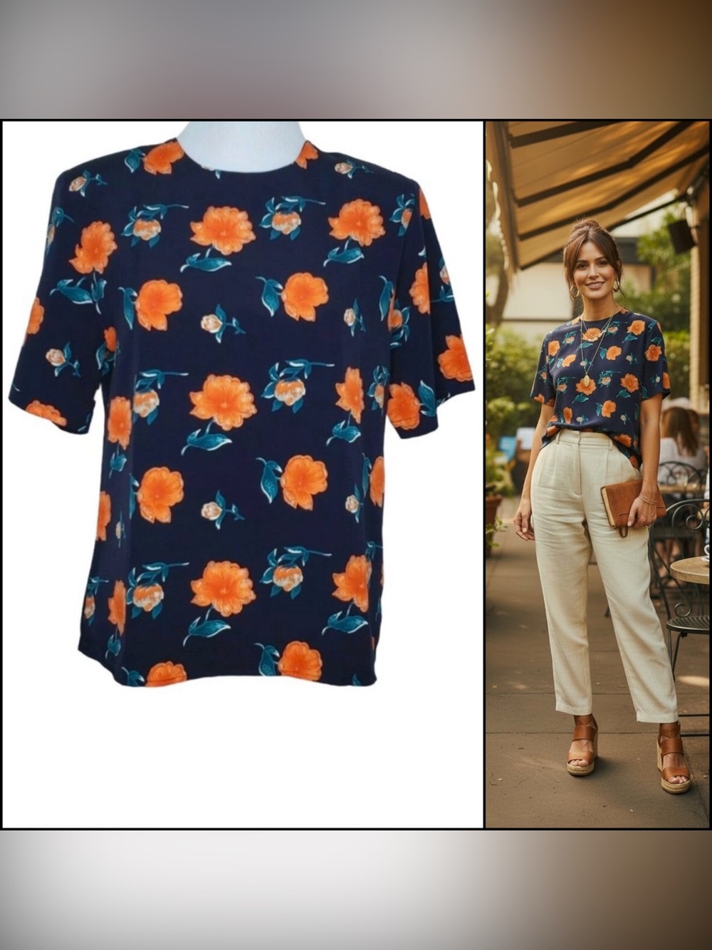 Vintage Worthington Blouse Petite Medium Floral Blue Orange Short Sleeve Womens